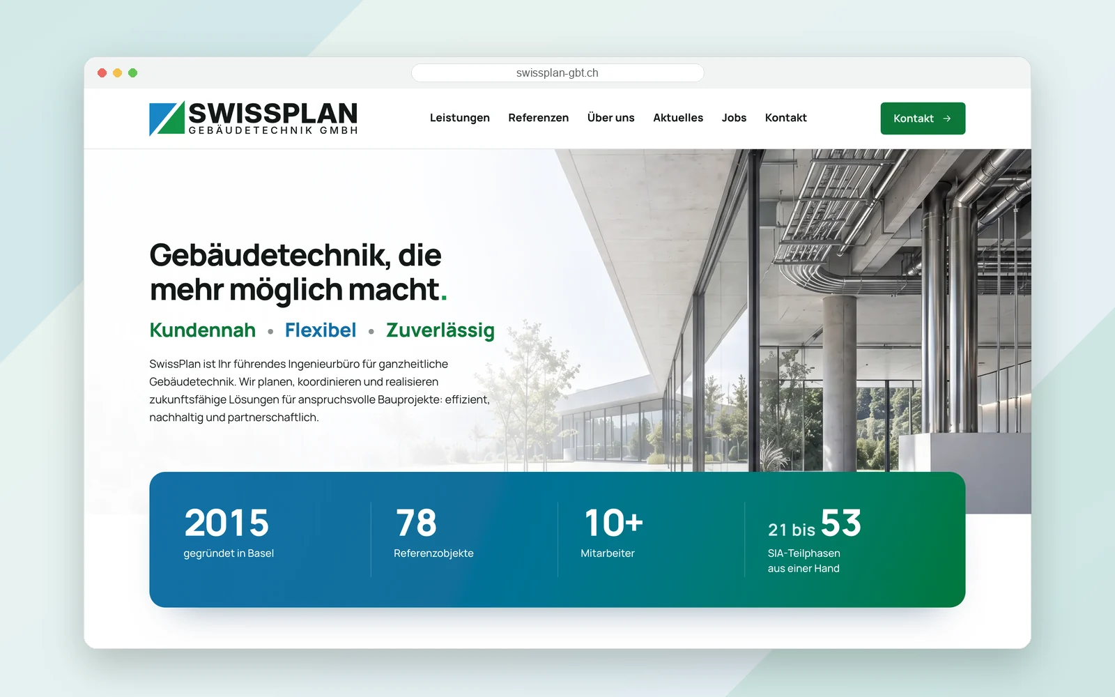 Die neue Startseite von SwissPlan Gebäudetechnik in einem Browserfenster