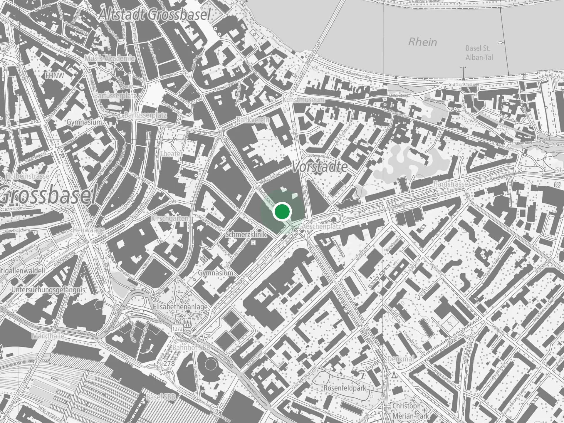 Stadtplan von Basel, ein grüner Punkt markiert die Aeschenvorstadt 71
