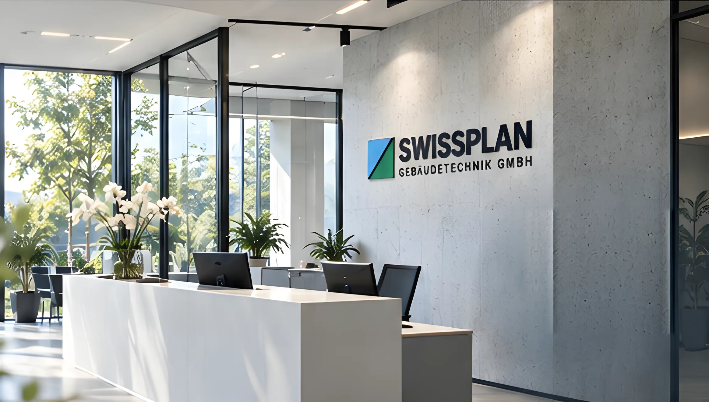Illustration: Empfang mit dem Logo von SwissPlan Gebäudetechnik an einer Betonwand